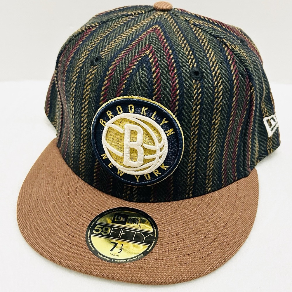 New Era Brooklyn Nets Logo Herringbone 59FIFTY Fitted Hat Cap 7 1/2 Brown NBA